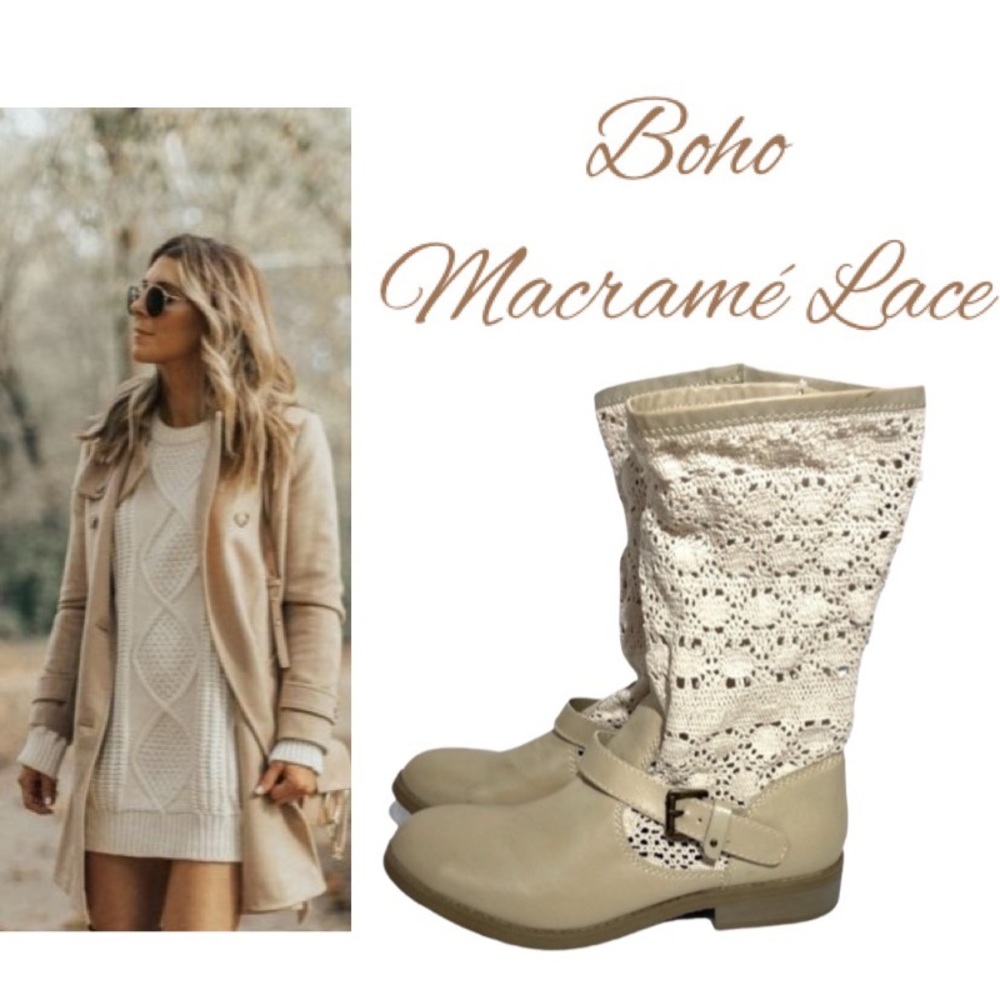 Boho Lace Tan Beige Macrame Lacey Boots With Buckle Light Brown Ivory Size 9